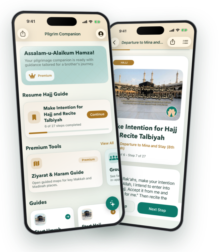 Pilgrim Companion home screen and a step-by-step Hajj guide