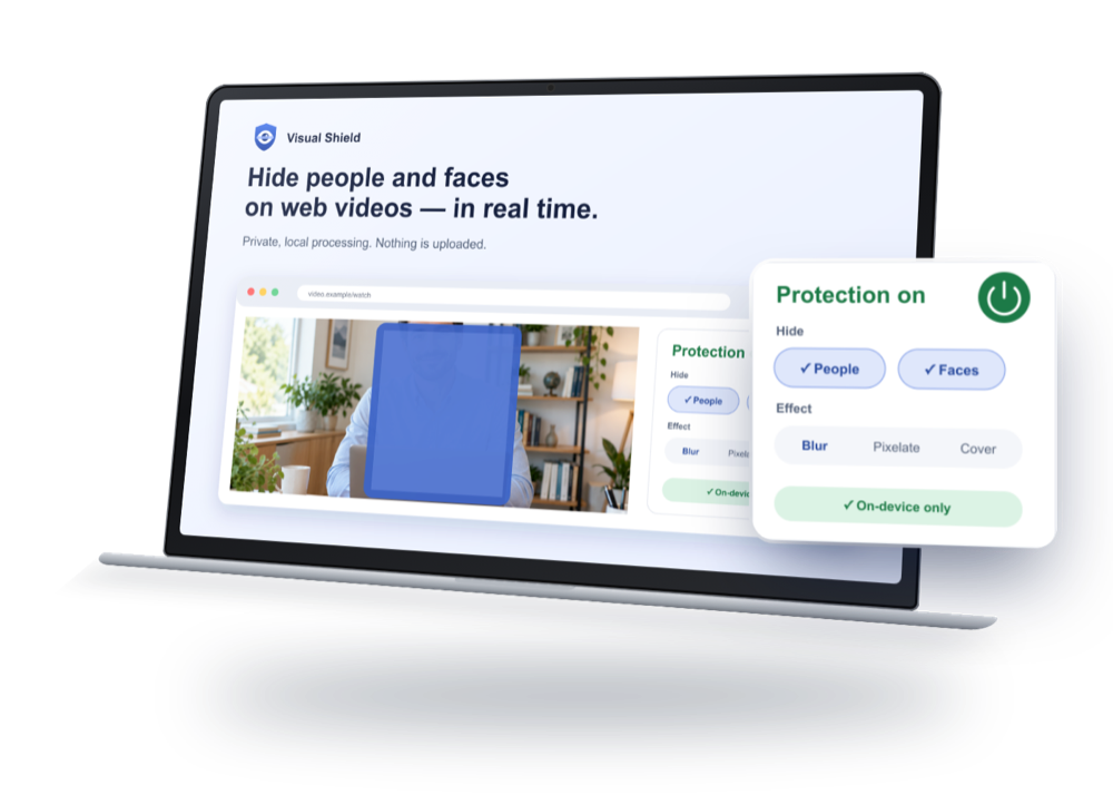 Visual Shield hiding a person in a browser video, with the extension’s protection panel